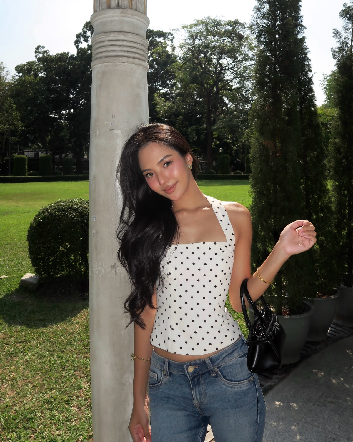 Spotted k. @nurseknt in Halter square top (white polka dot) 🤍🖤#rvessentialshaltersquarenecktop