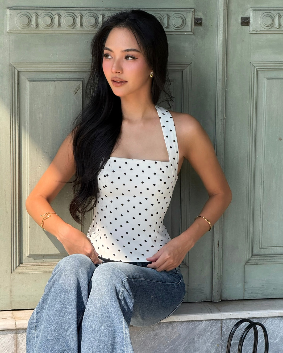 Spotted k. @nurseknt in Halter square top (white polka dot) 🤍🖤#rvessentialshaltersquarenecktop