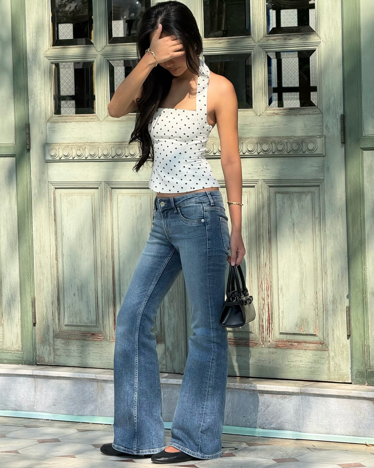 Spotted k. @nurseknt in Halter square top (white polka dot) 🤍🖤#rvessentialshaltersquarenecktop