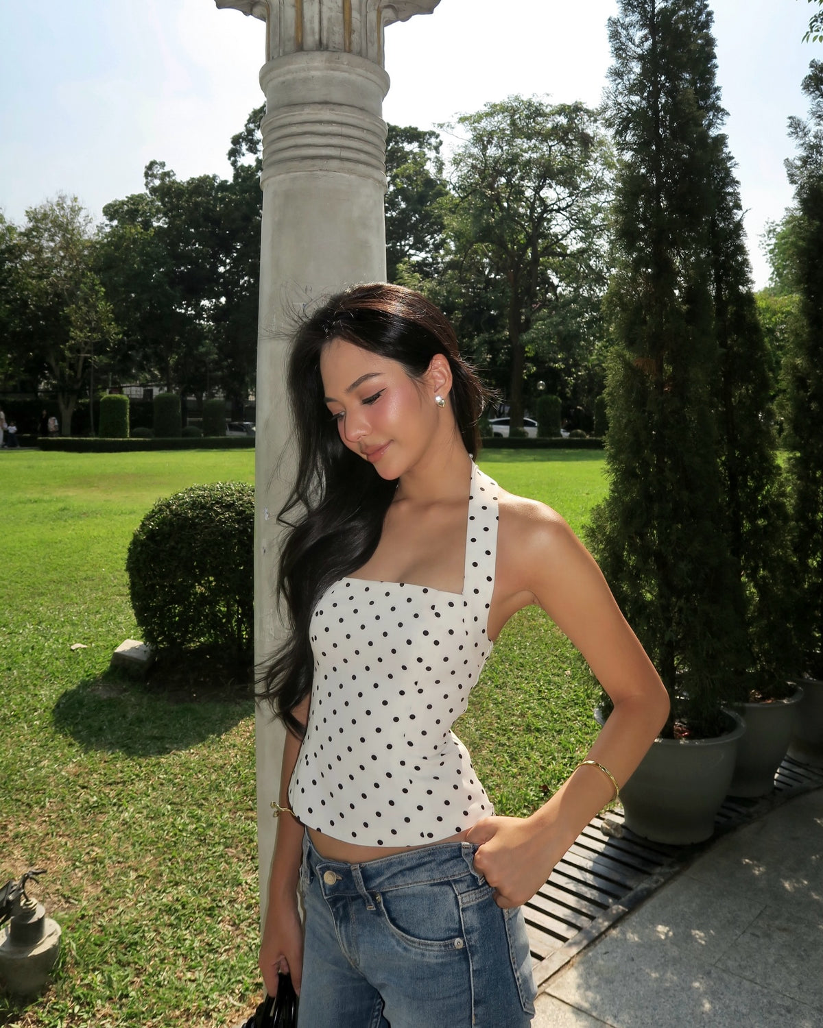 Spotted k. @nurseknt in Halter square top (white polka dot) 🤍🖤#rvessentialshaltersquarenecktop