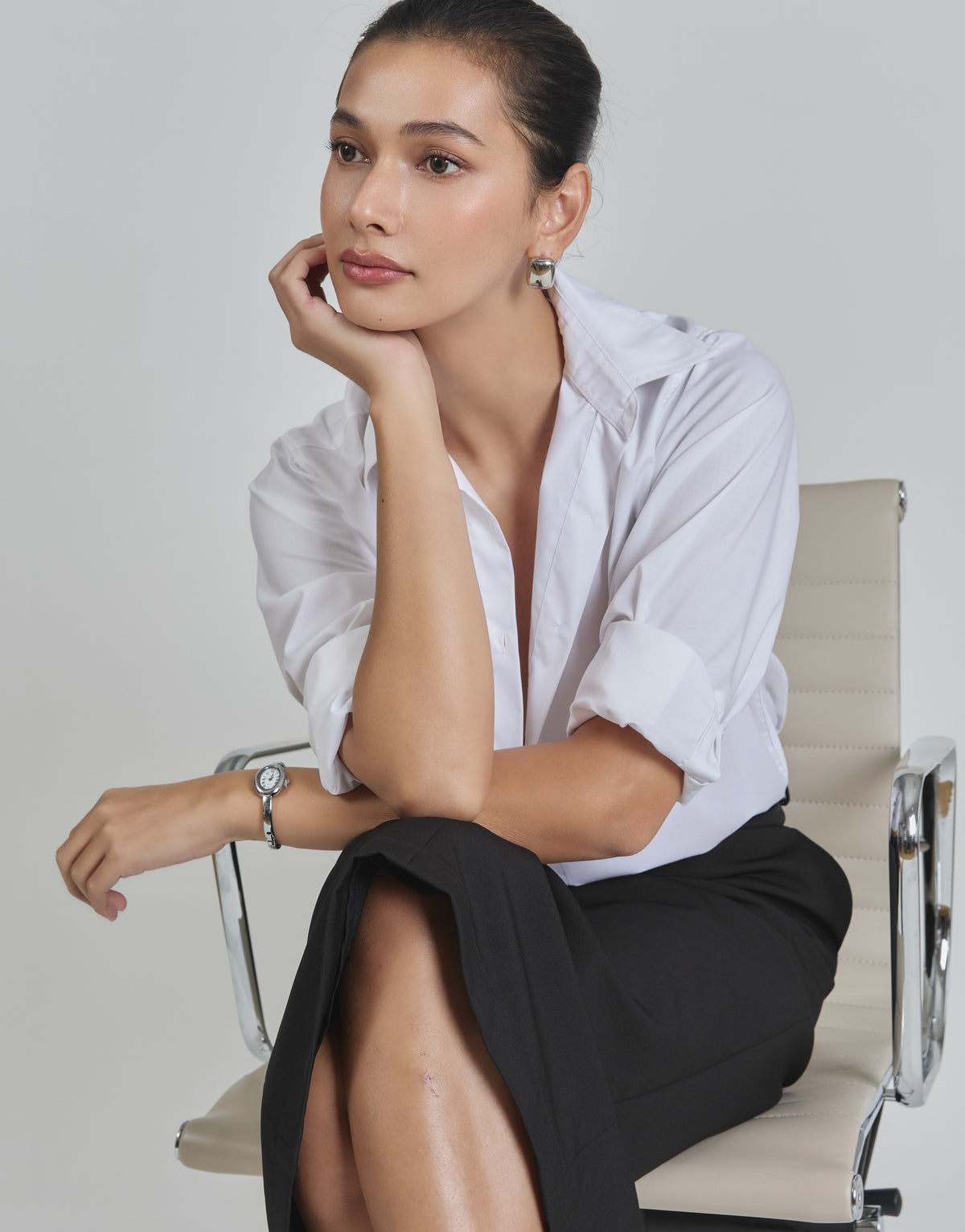 Pair our Essentials cotton shirt in white with Essentials midi pencil skirt in black for the days you need to be in c...