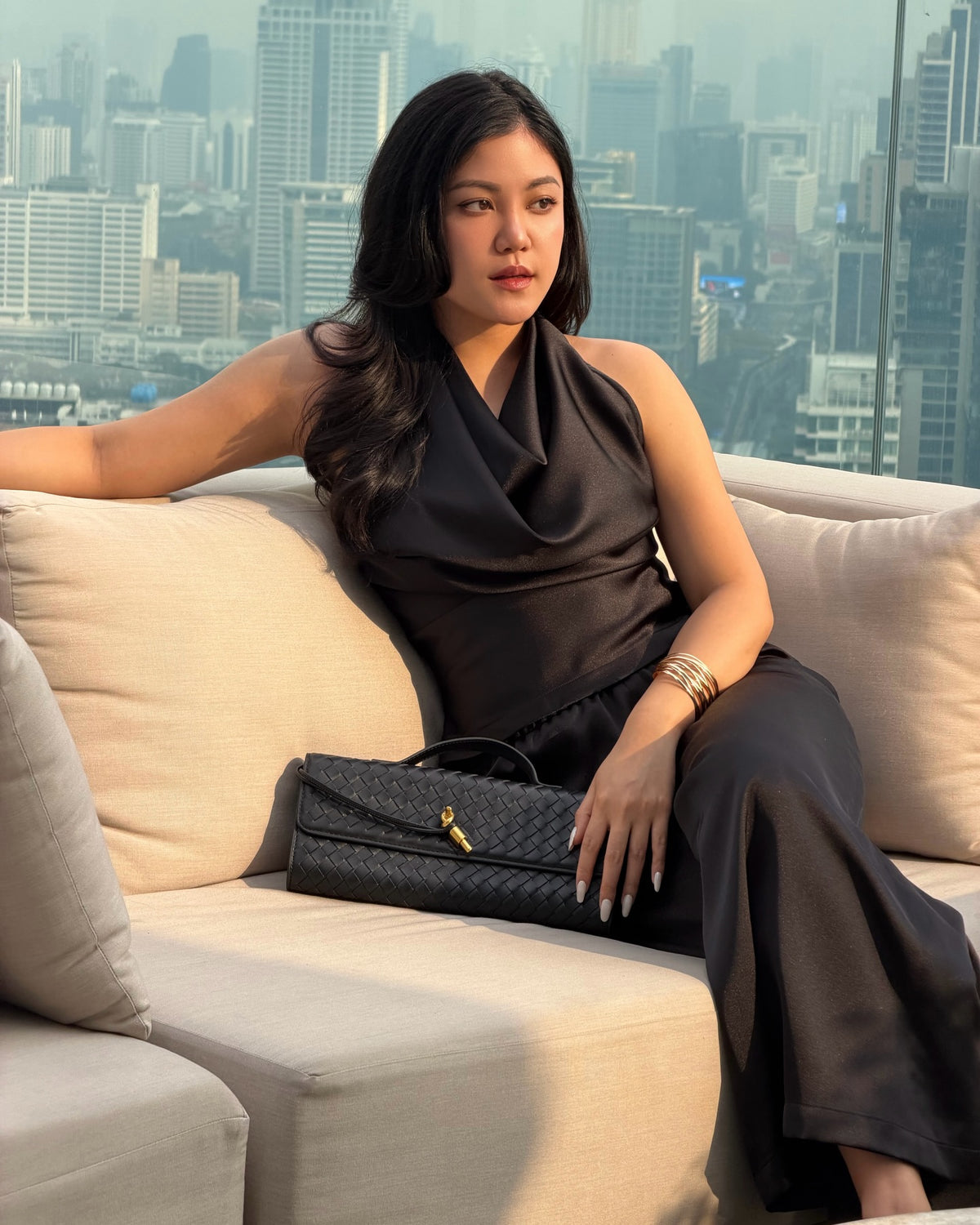 Soft drape. Sharp presence.A black set that hugs gently and flows freely 🖤✨ Satin Cowl neck top〰️ Price: 1,590.-〰️Col...