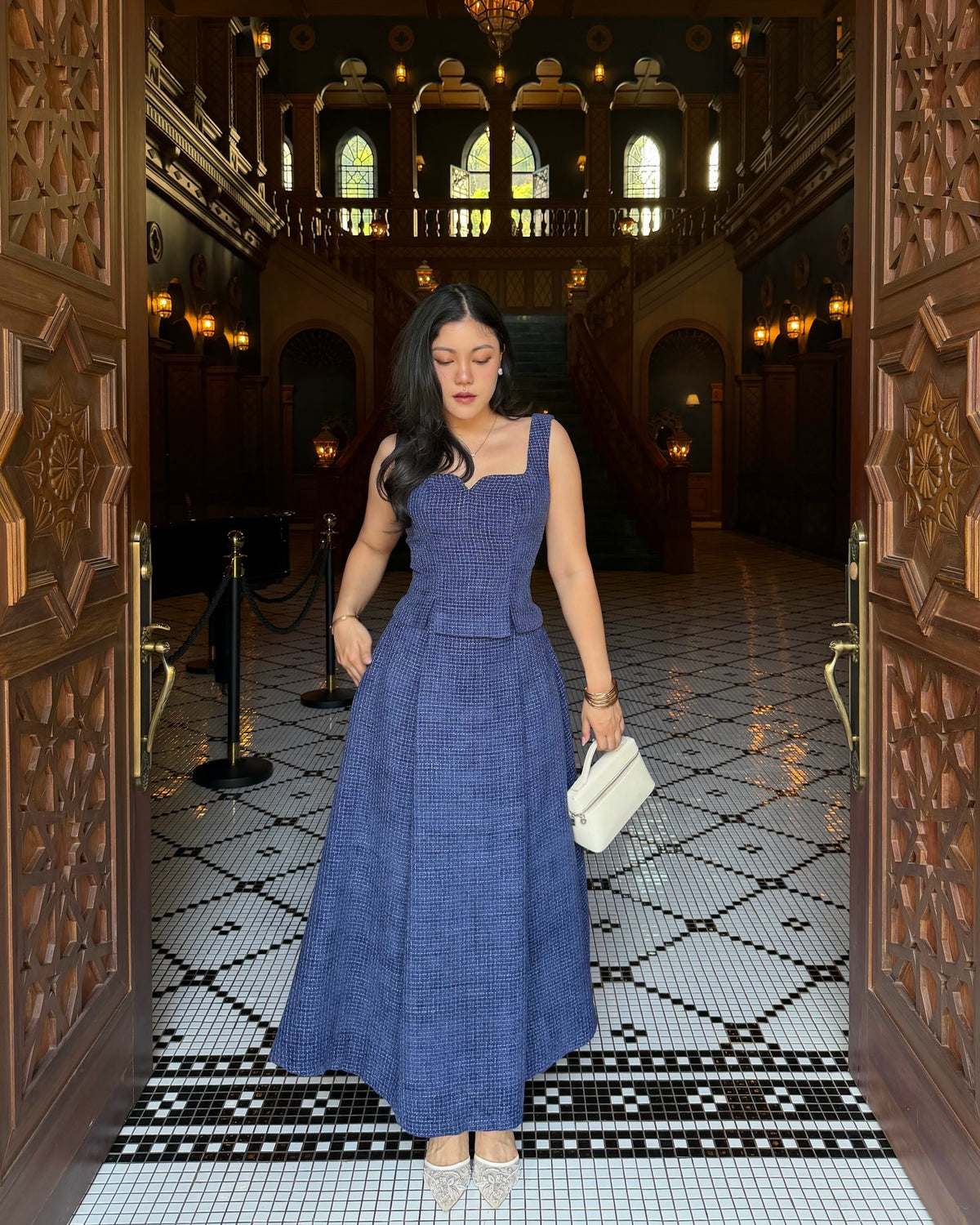 Delphine top paired with Delphine maxi skirt in navy.#rvdelphinetop #rvdelphinemaxiskirt