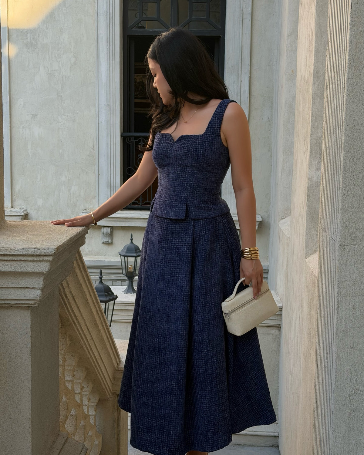 Delphine top paired with Delphine maxi skirt in navy.#rvdelphinetop #rvdelphinemaxiskirt