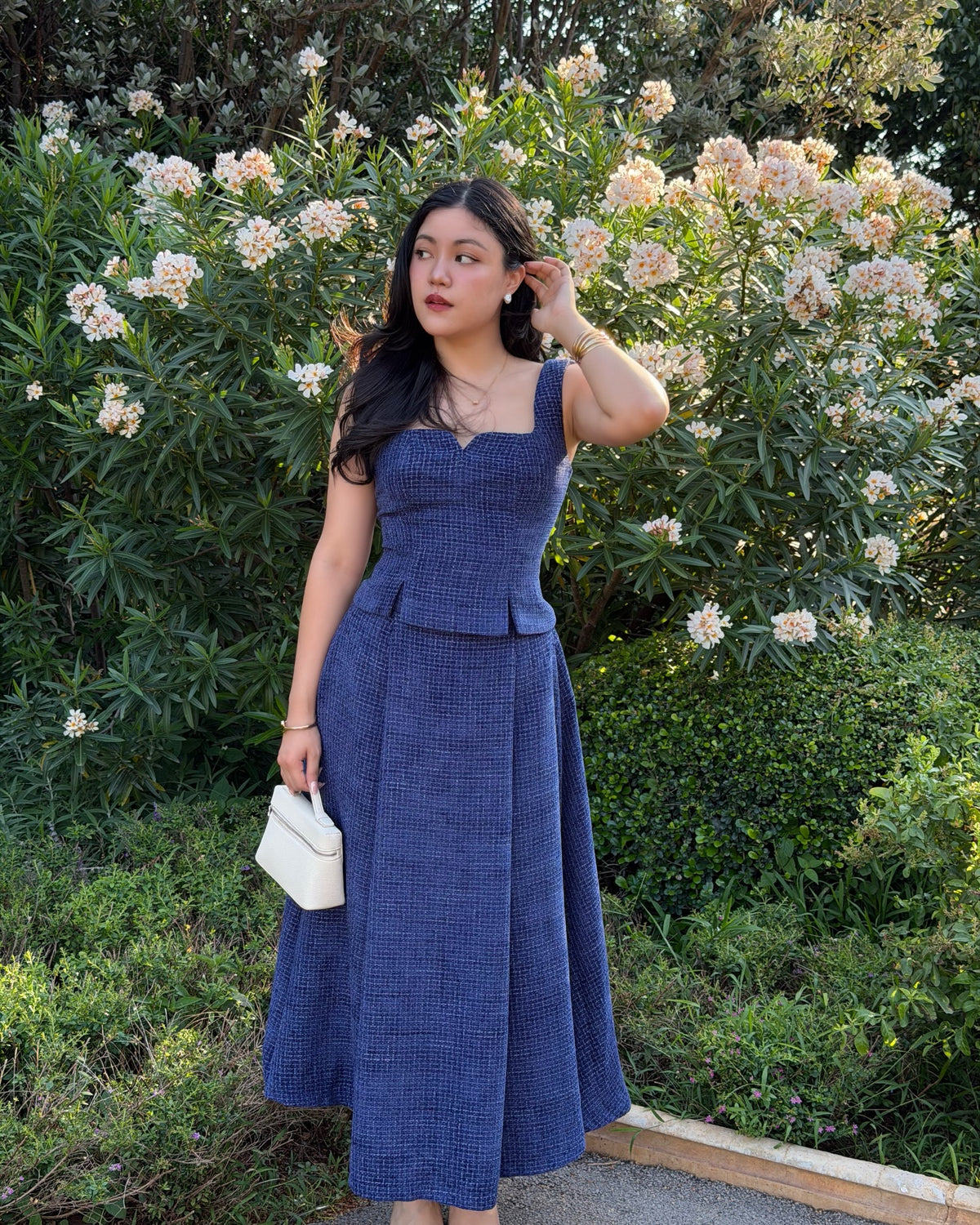 Delphine top paired with Delphine maxi skirt in navy.#rvdelphinetop #rvdelphinemaxiskirt