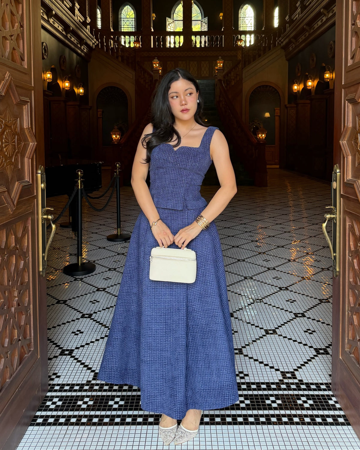 Delphine top paired with Delphine maxi skirt in navy.#rvdelphinetop #rvdelphinemaxiskirt