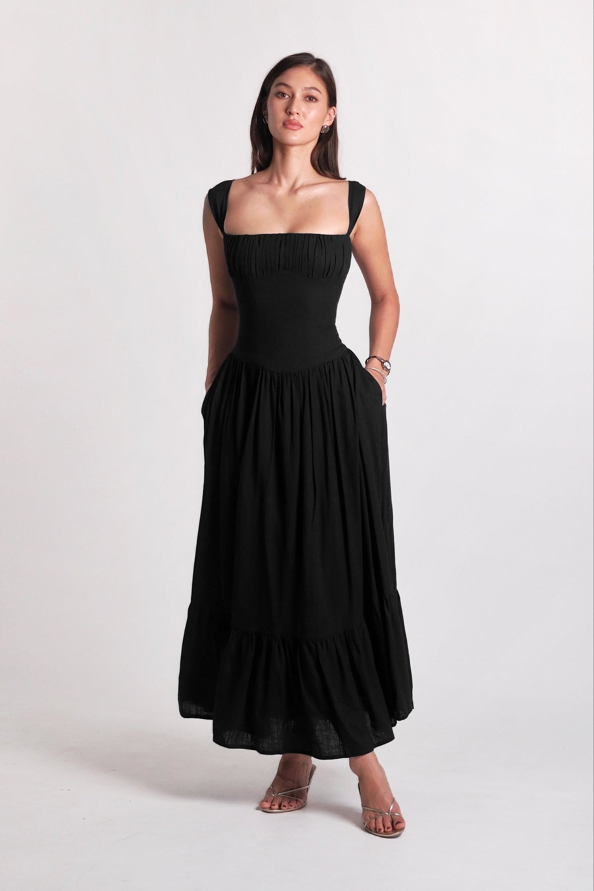 Sicily Cotton Linen Maxi Dress Black