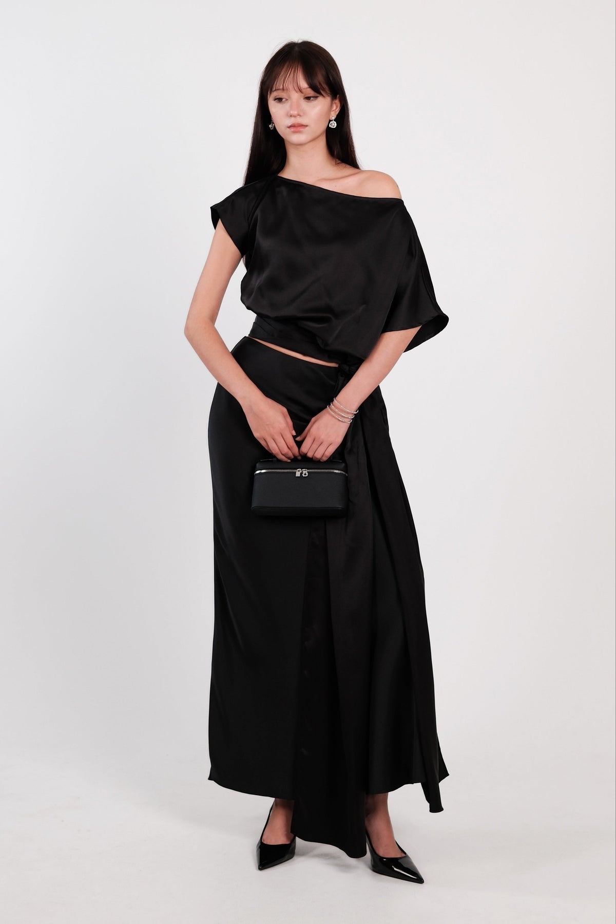 Satin Drape Waist Top Black