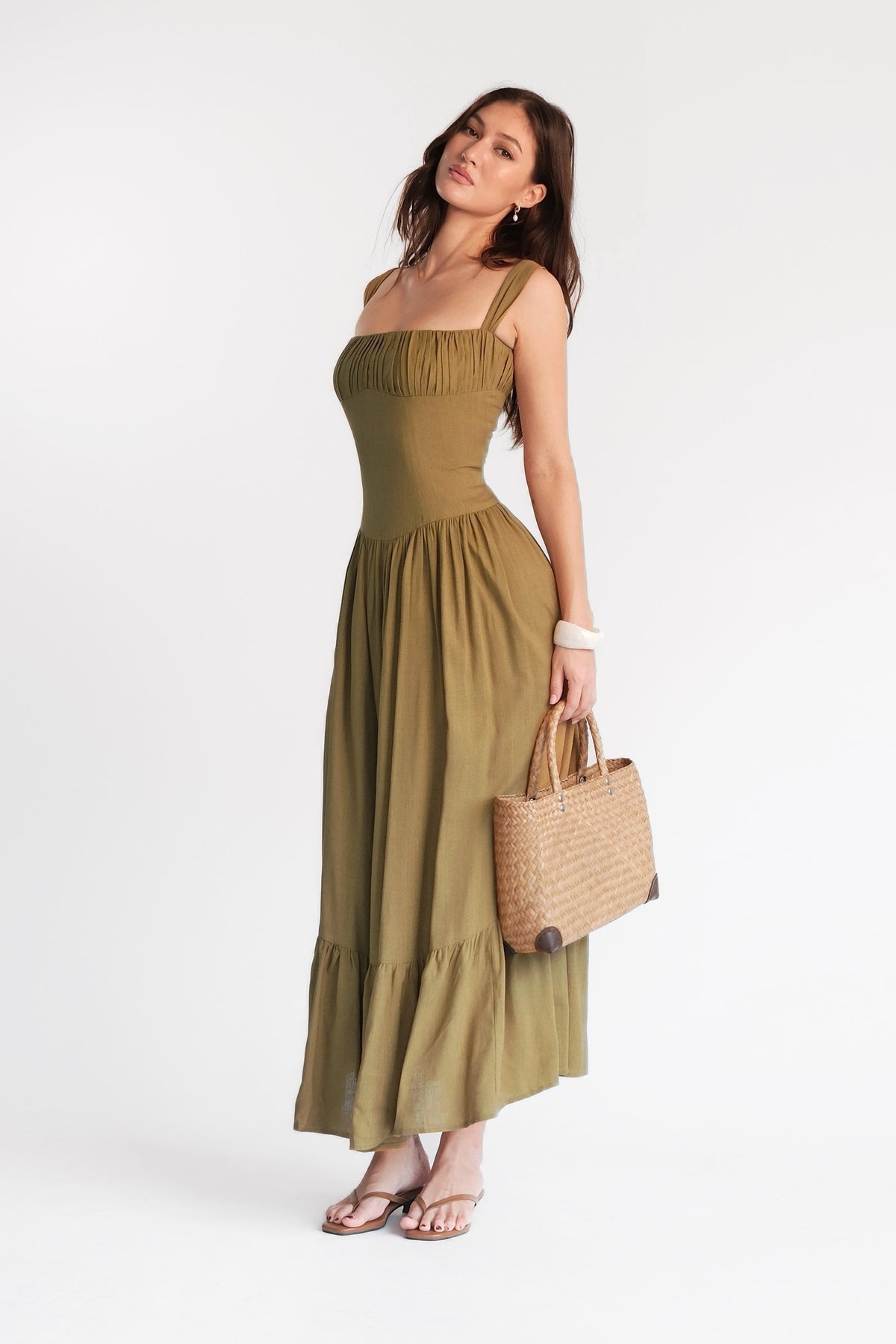 Sicily Cotton Linen Maxi Dress Olive