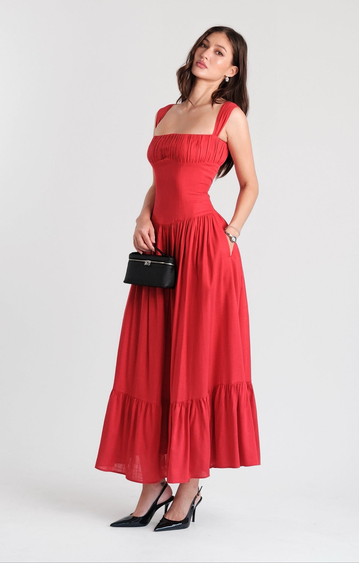 Sicily Cotton Linen Maxi Dress Red