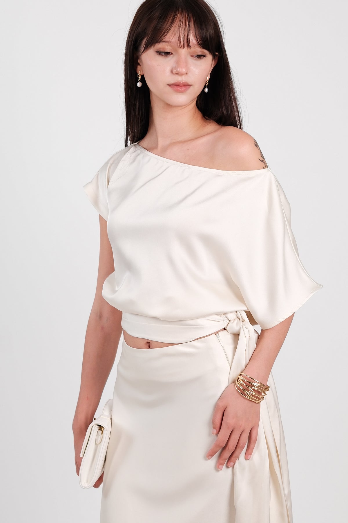Satin Drape Waist Top Cream