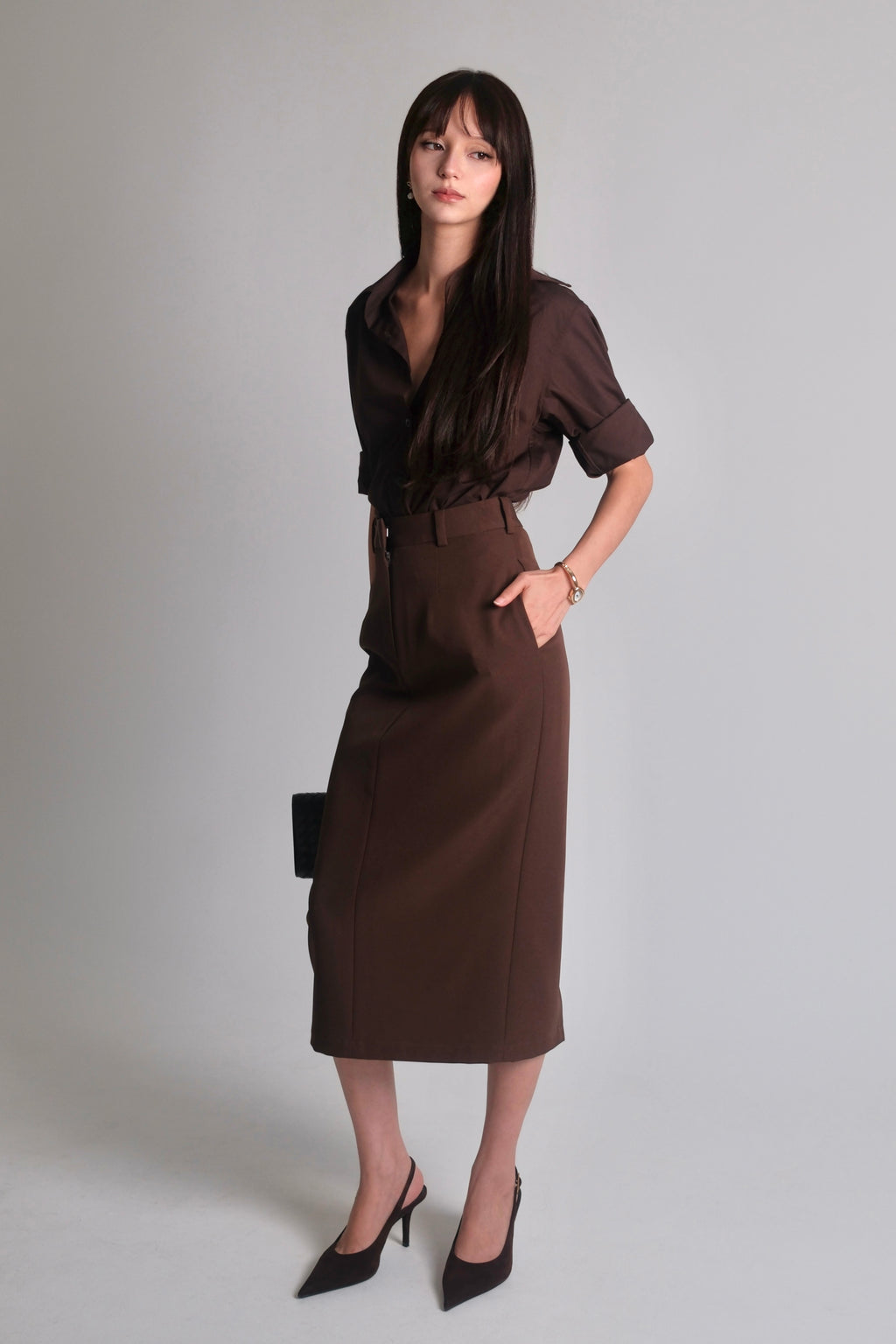 Midi Pencil Skirt Brown