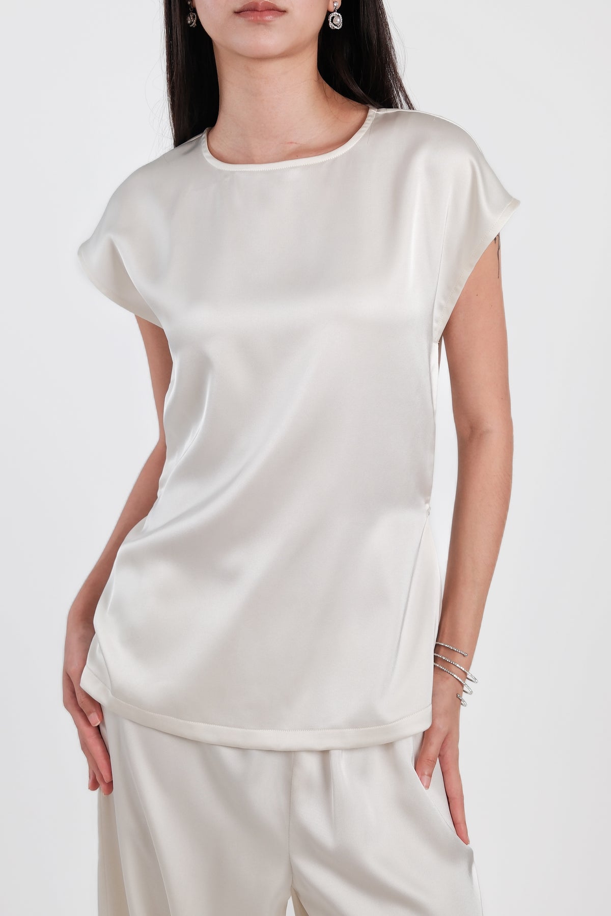 Satin Round Neck Top Cream