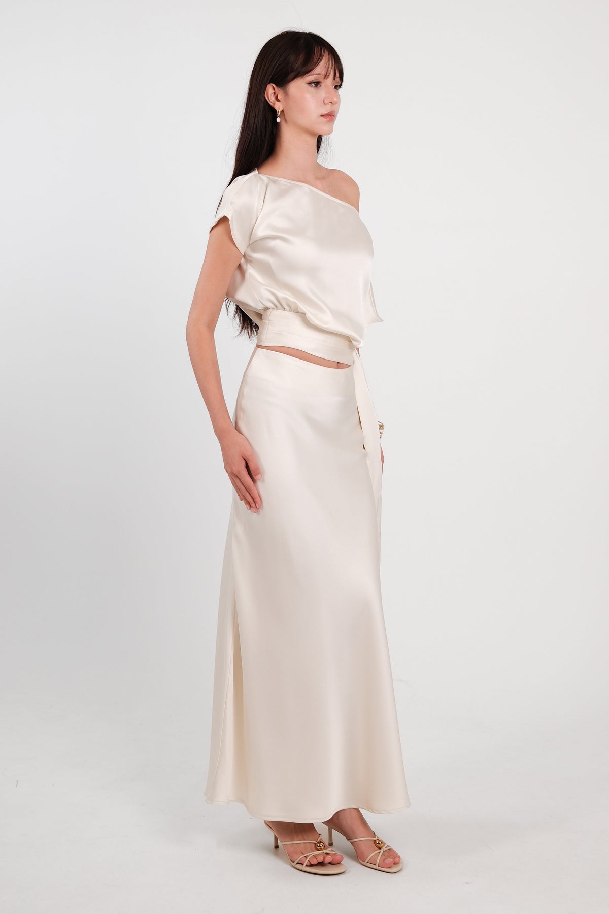 Satin Drape Waist Top Cream