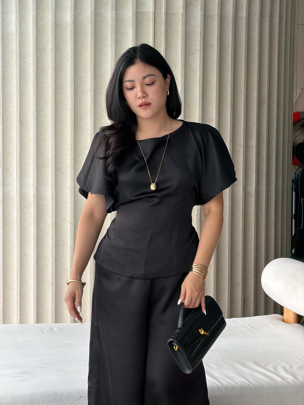 Satin Bat Sleeve Top Black
