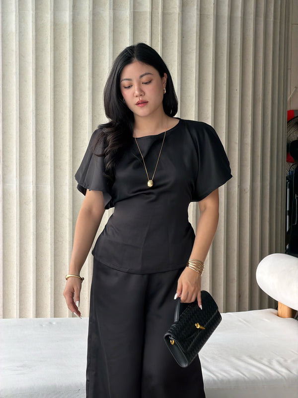 Satin Bat Sleeve Top Black