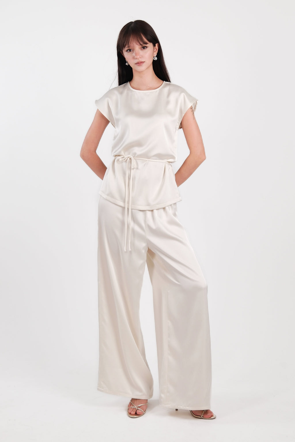 Satin Round Neck Top Cream