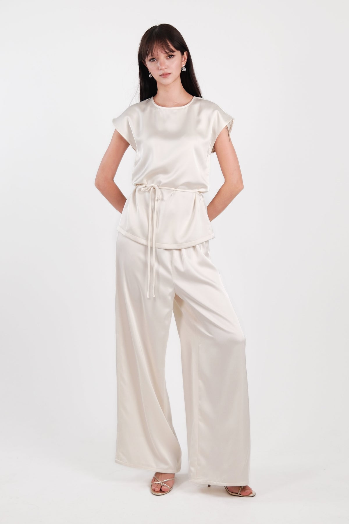 Satin Round Neck Top Cream