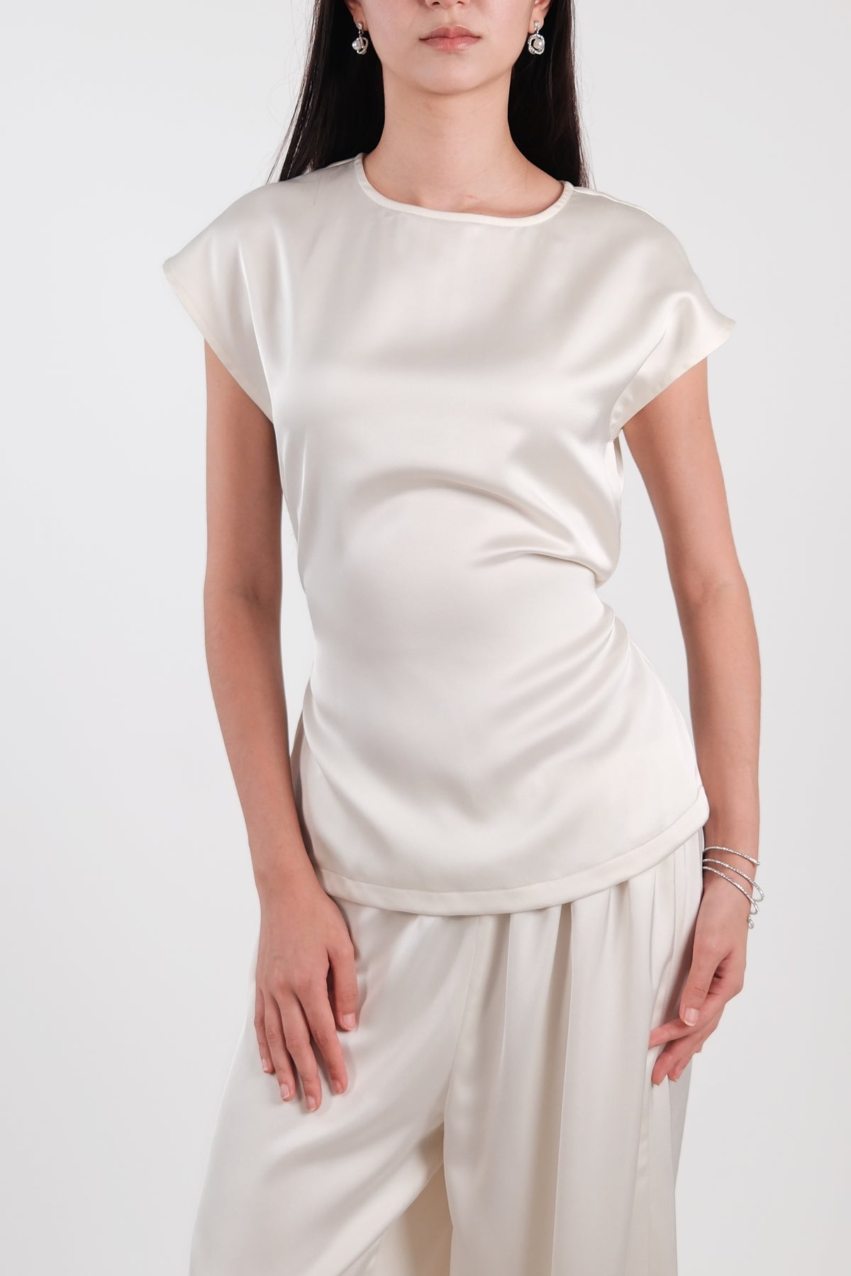 Satin Round Neck Top Cream