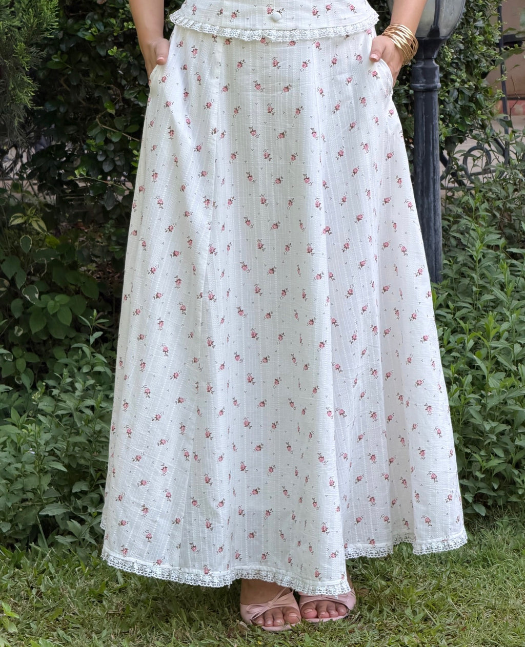 Rosette Set - Top & Midi-Maxi Skirt in White by RAVii, handcrafted in Bangkok