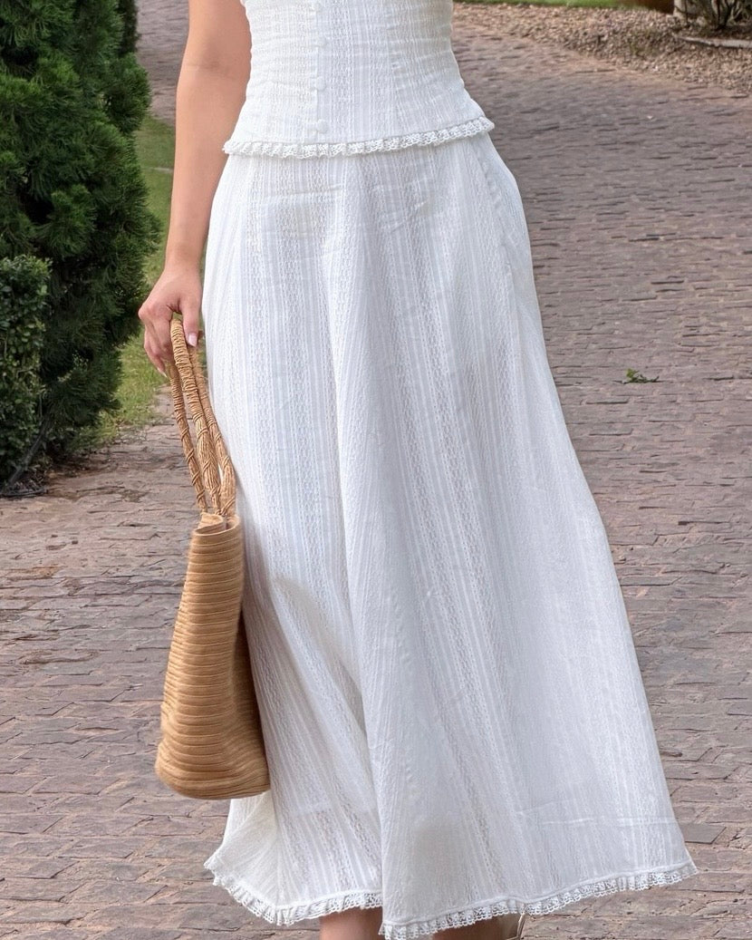 Rosette Set - Top & Midi-Maxi Skirt in White by RAVii, handcrafted in Bangkok