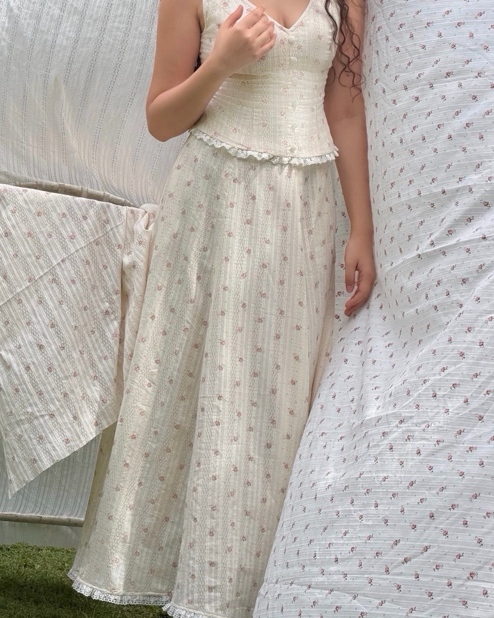 Rosette Set - Top & Midi-Maxi Skirt in White by RAVii, handcrafted in Bangkok