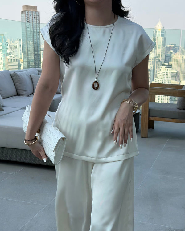 Satin Round Neck Top Cream
