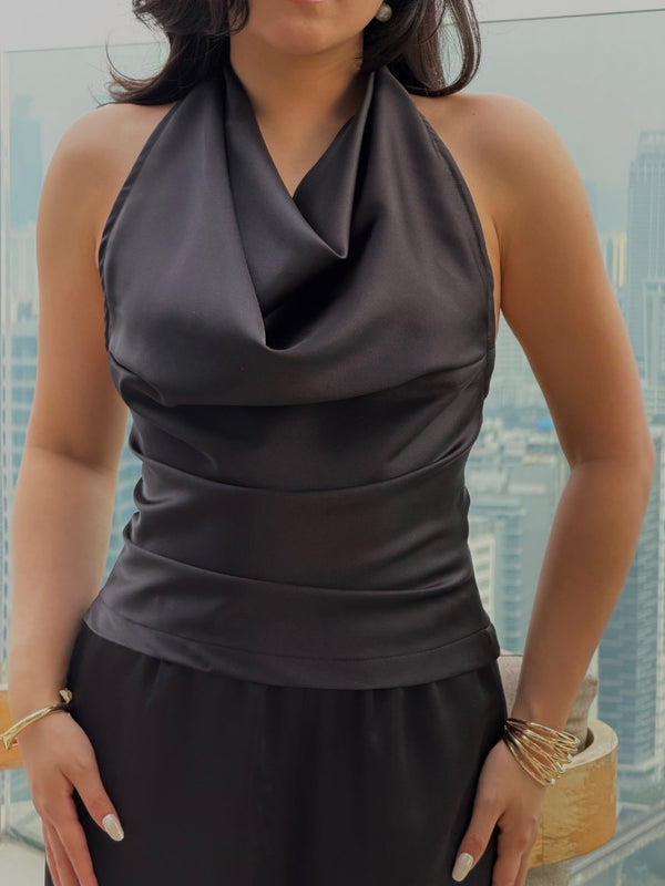 Satin Cowl Neck Top Black
