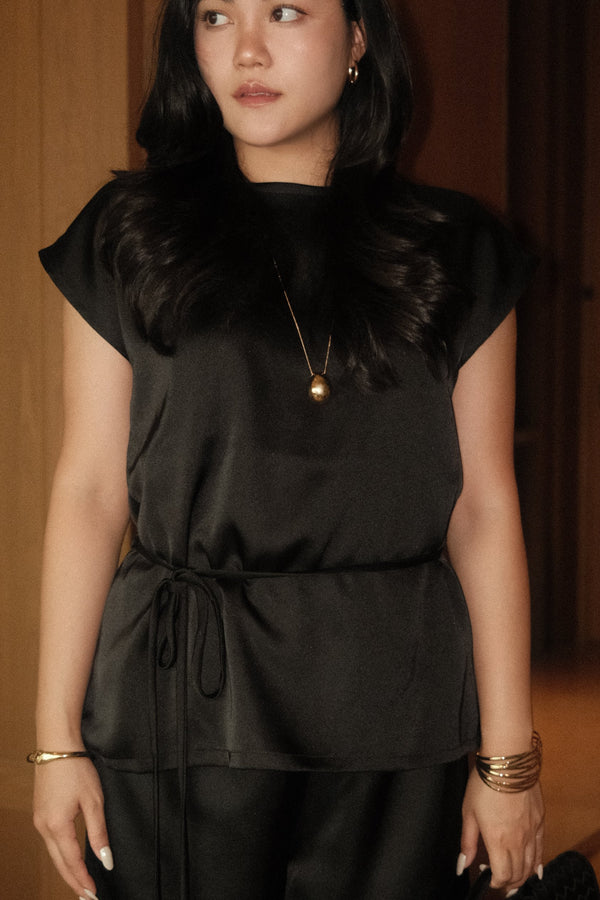 Satin Round Neck Top Black