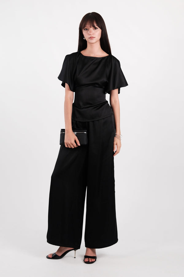 Satin Bat Sleeve Top Black