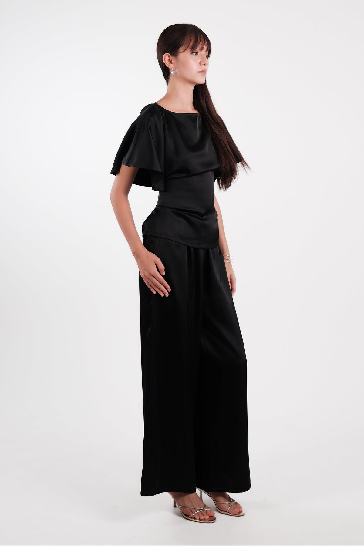 Satin Bat Sleeve Top Black