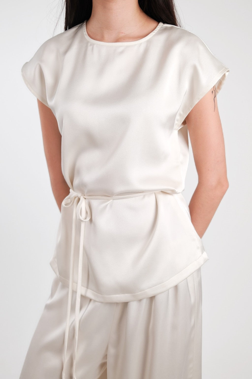 Satin Round Neck Top Cream