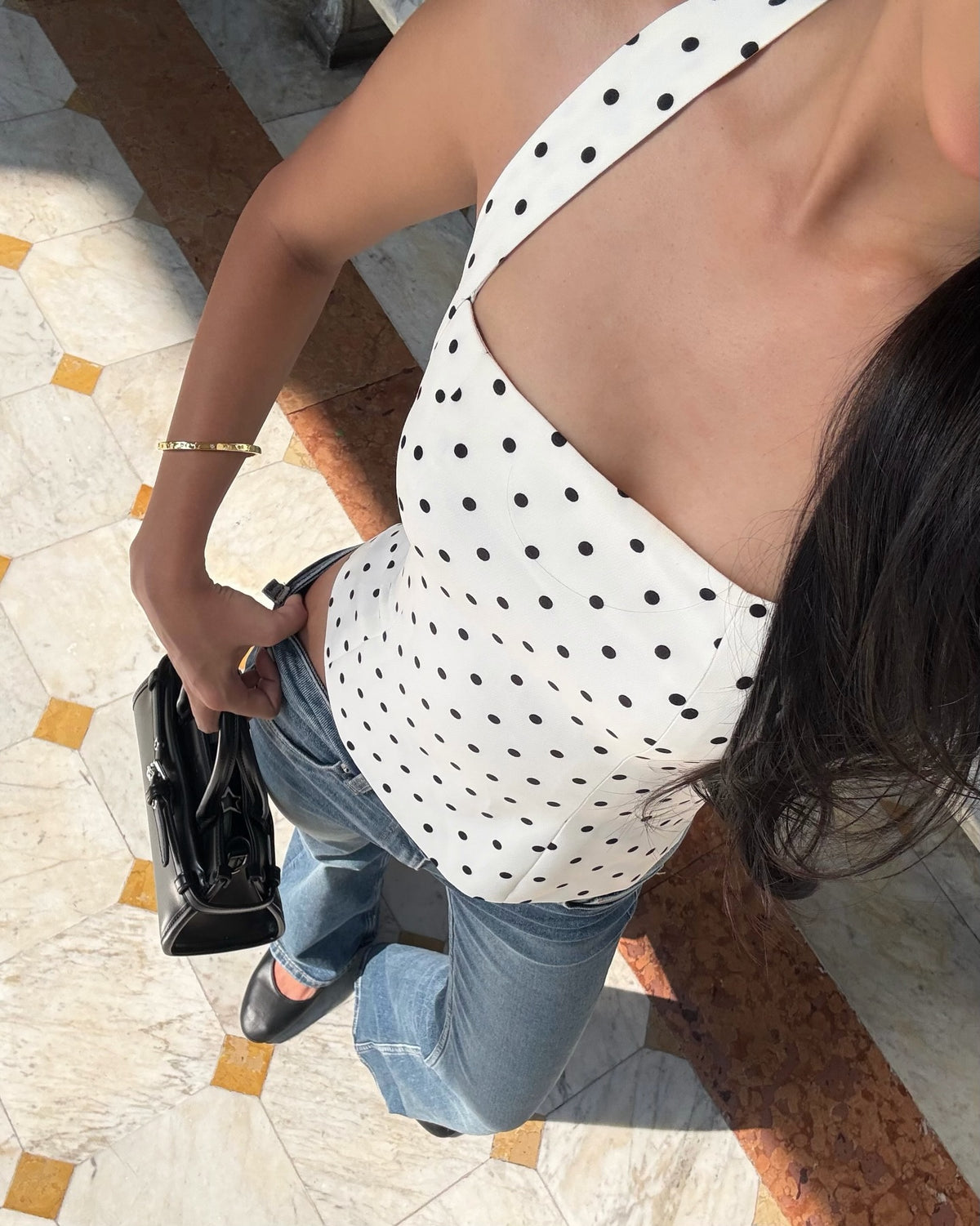 Spotted k. @nurseknt in Halter square top (white polka dot) 🤍🖤#rvessentialshaltersquarenecktop
