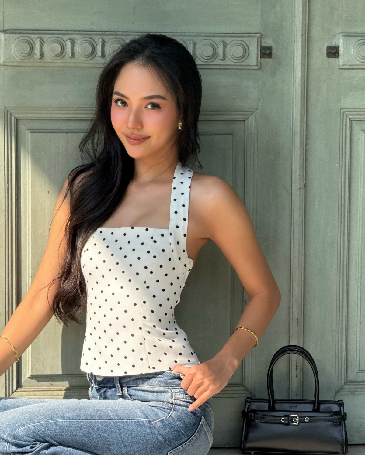 Spotted k. @nurseknt in Halter square top (white polka dot) 🤍🖤#rvessentialshaltersquarenecktop
