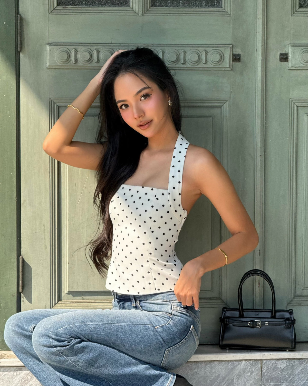 Spotted k. @nurseknt in Halter square top (white polka dot) 🤍🖤#rvessentialshaltersquarenecktop