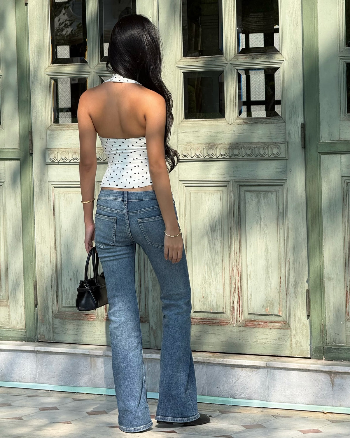 Spotted k. @nurseknt in Halter square top (white polka dot) 🤍🖤#rvessentialshaltersquarenecktop