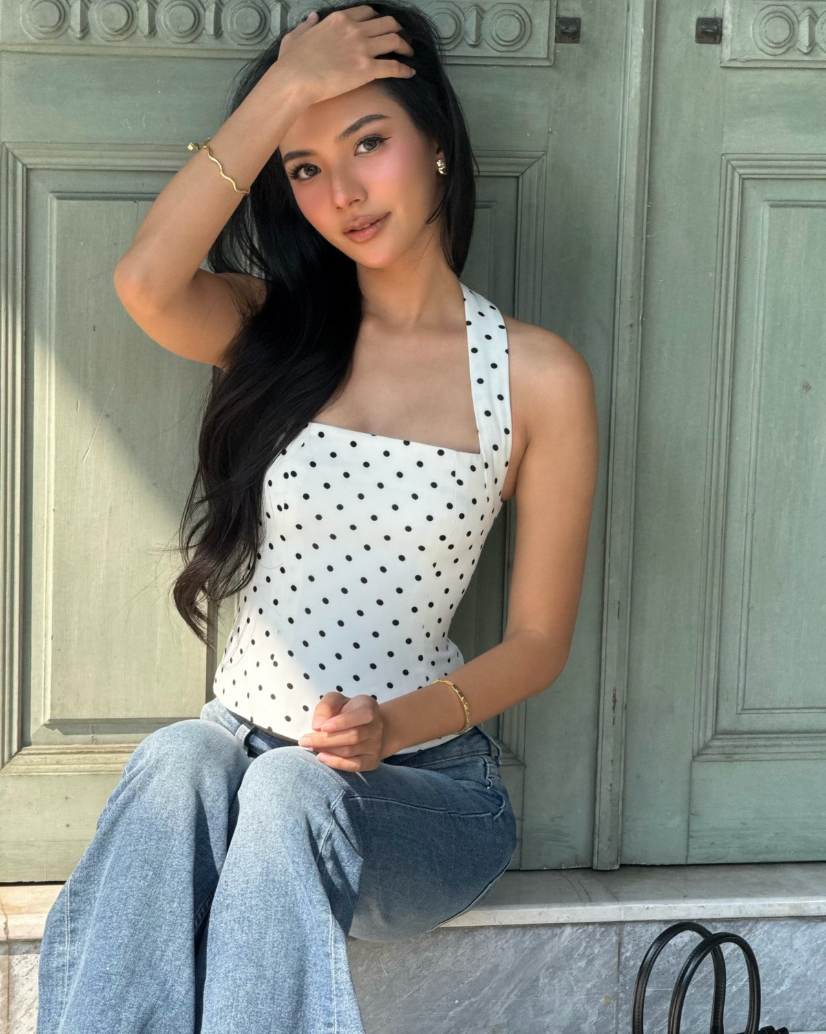 Spotted k. @nurseknt in Halter square top (white polka dot) 🤍🖤#rvessentialshaltersquarenecktop
