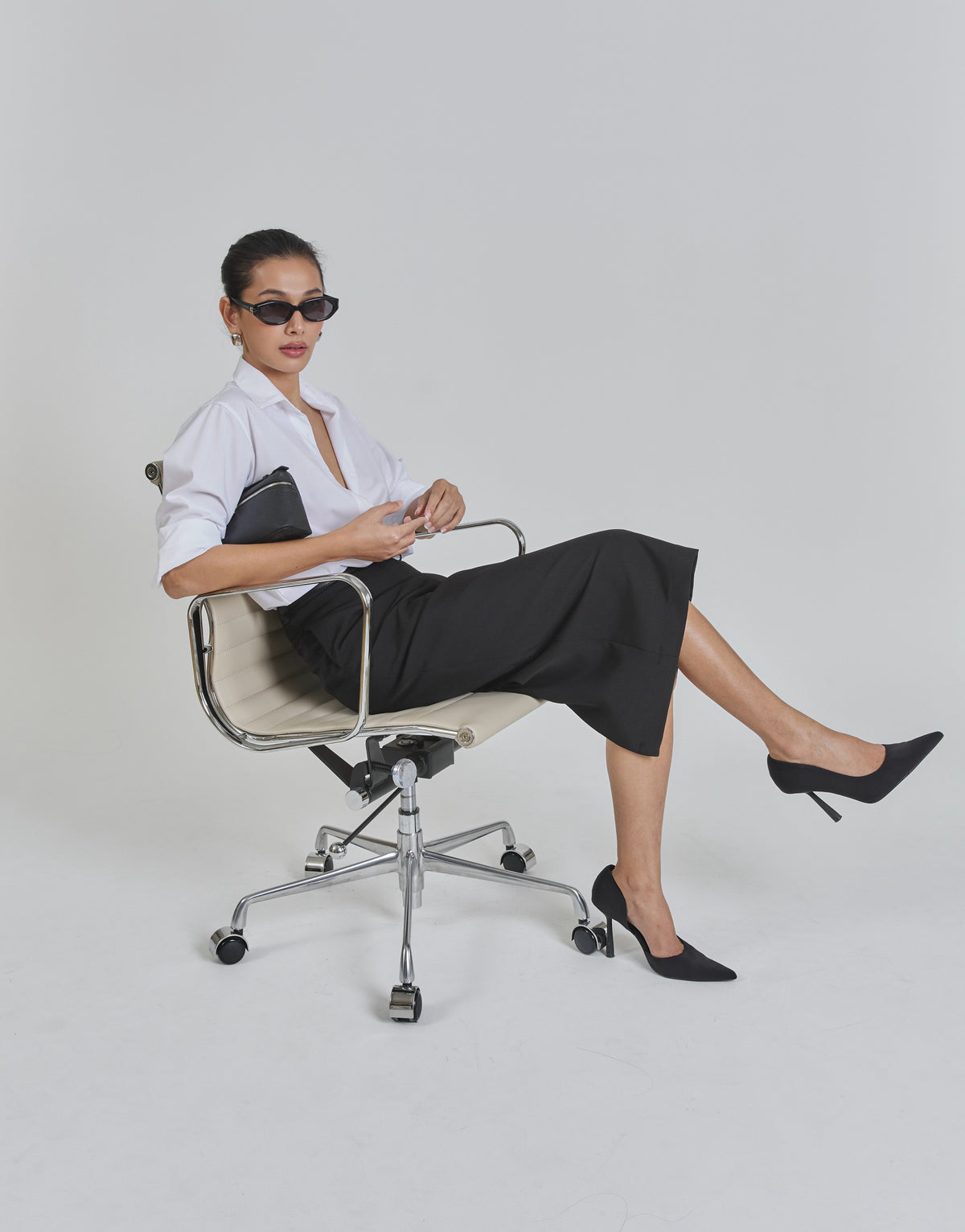 Pair our Essentials cotton shirt in white with Essentials midi pencil skirt in black for the days you need to be in c...