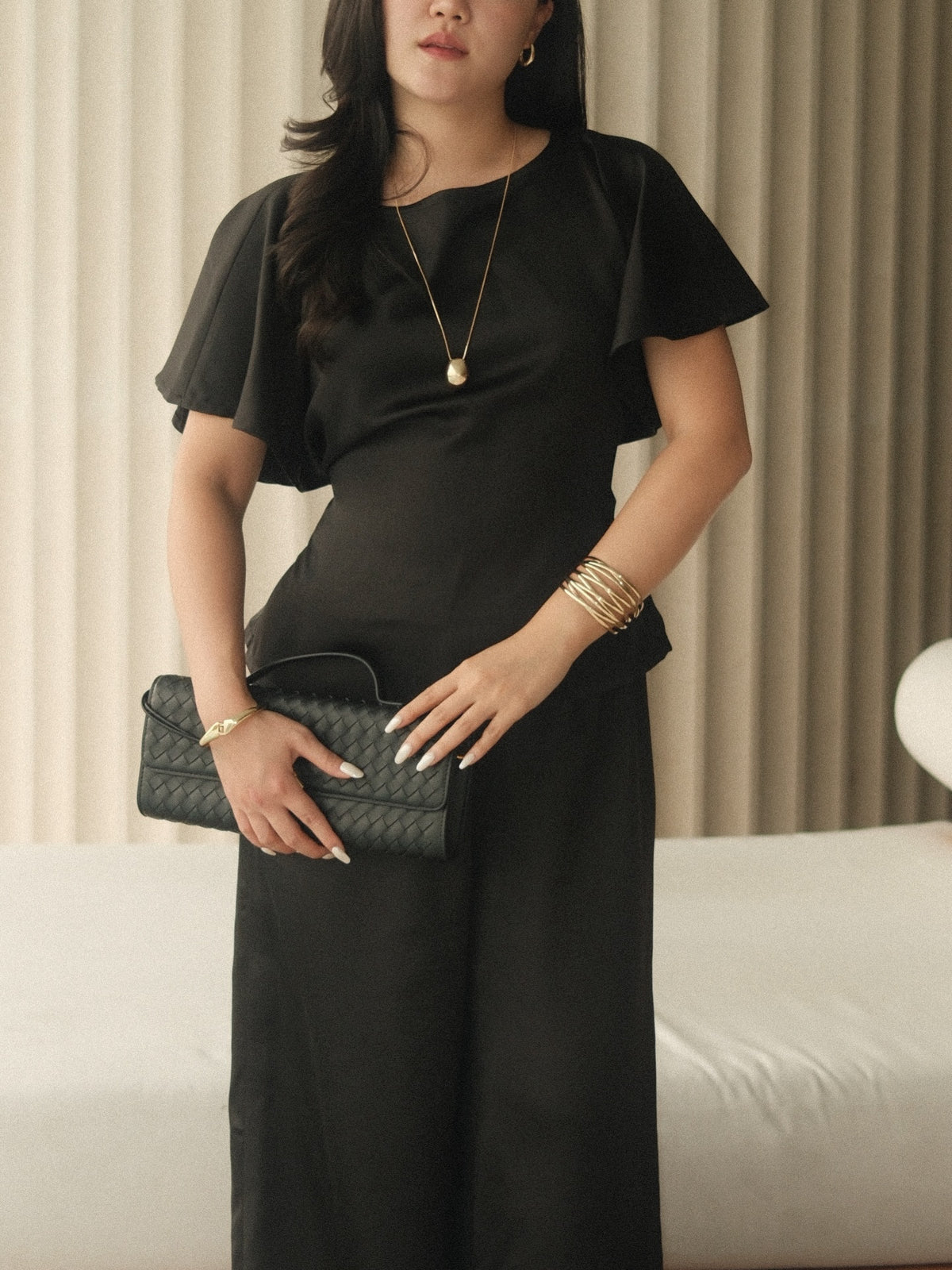 Satin Bat Sleeve top with Satin Lounge pants 🖤#rvessentialssatinbatsleevetop #rvessentialssatinsloungepants