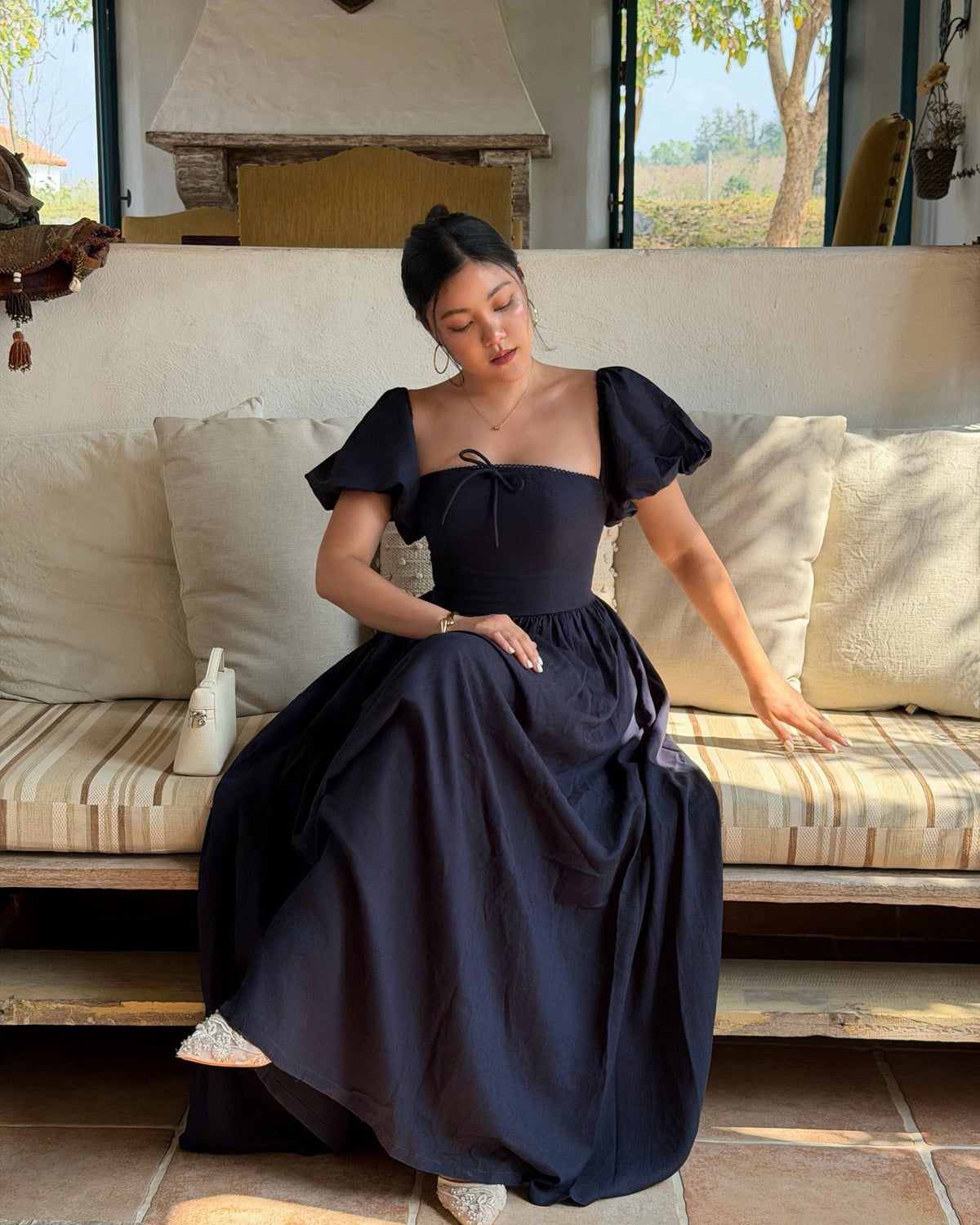 Sophie Maxi dress in navy ✨Available for preorder today at 1pm via line @ravii.bkk #rvsophiemaxidress