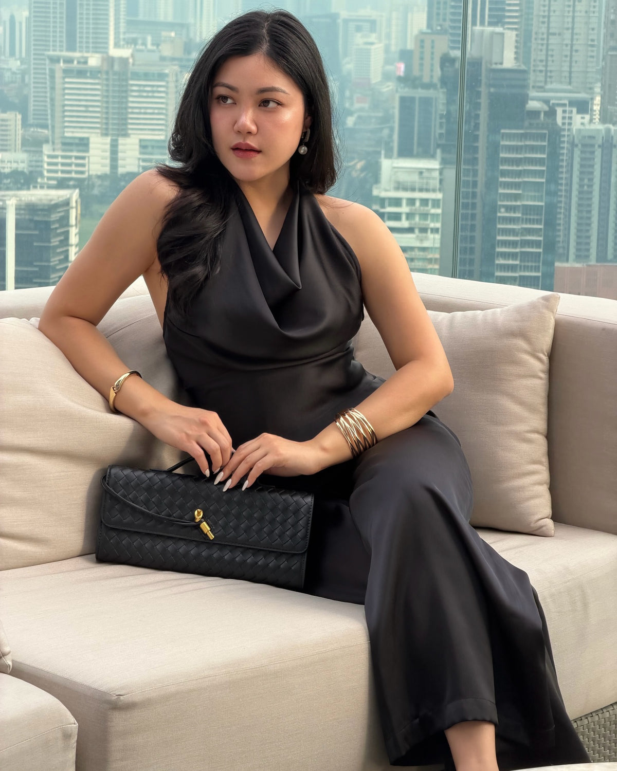 Soft drape. Sharp presence.A black set that hugs gently and flows freely 🖤✨ Satin Cowl neck top〰️ Price: 1,590.-〰️Col...