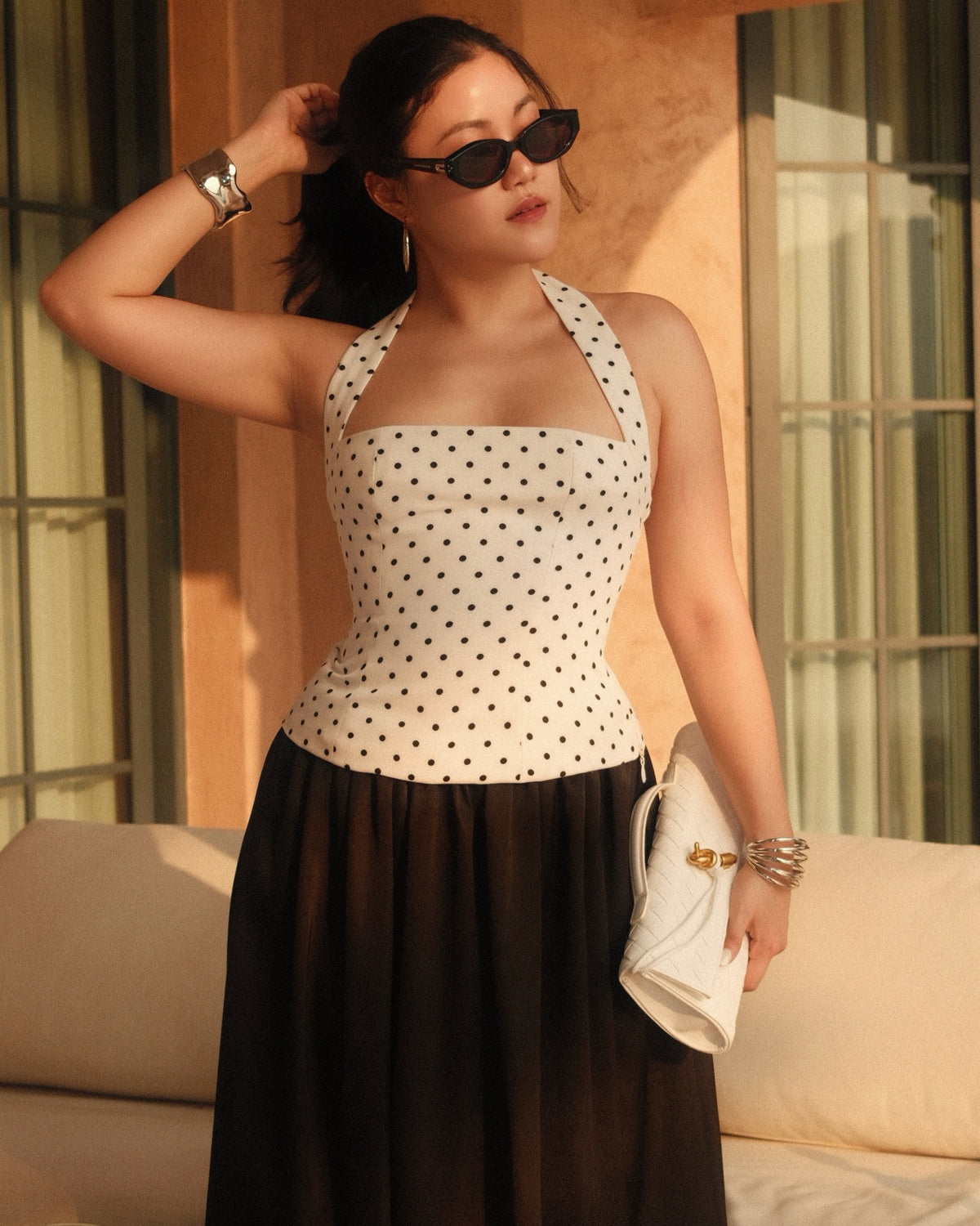 Halter square top in white polka dot 🤍#rvessentialshaltersquarenecktop #rvessentialsballoonskirt