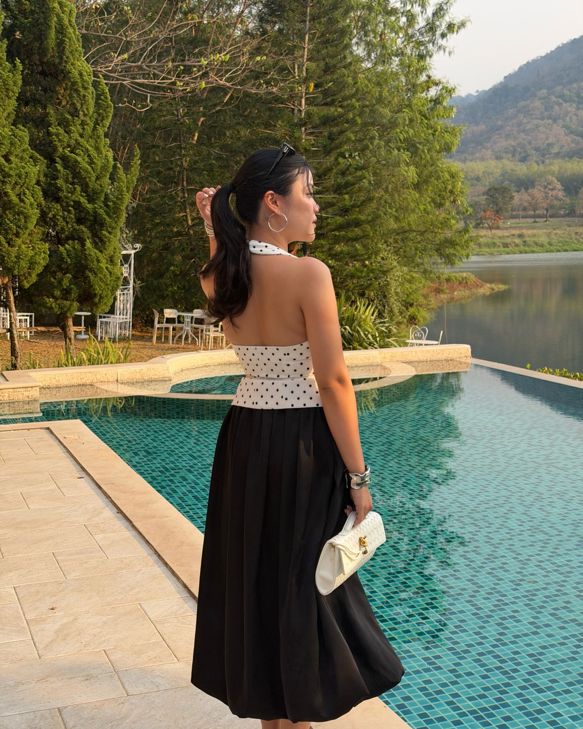 Halter square top in white polka dot 🤍#rvessentialshaltersquarenecktop #rvessentialsballoonskirt