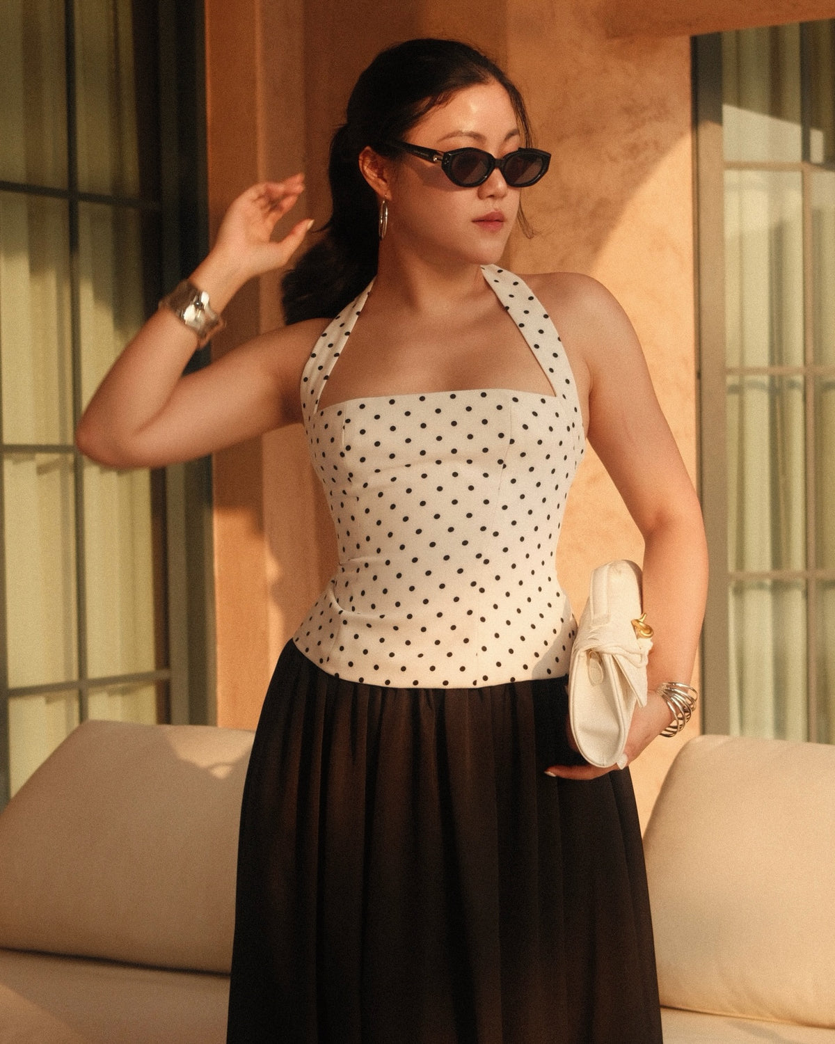 Halter square top in white polka dot 🤍#rvessentialshaltersquarenecktop #rvessentialsballoonskirt