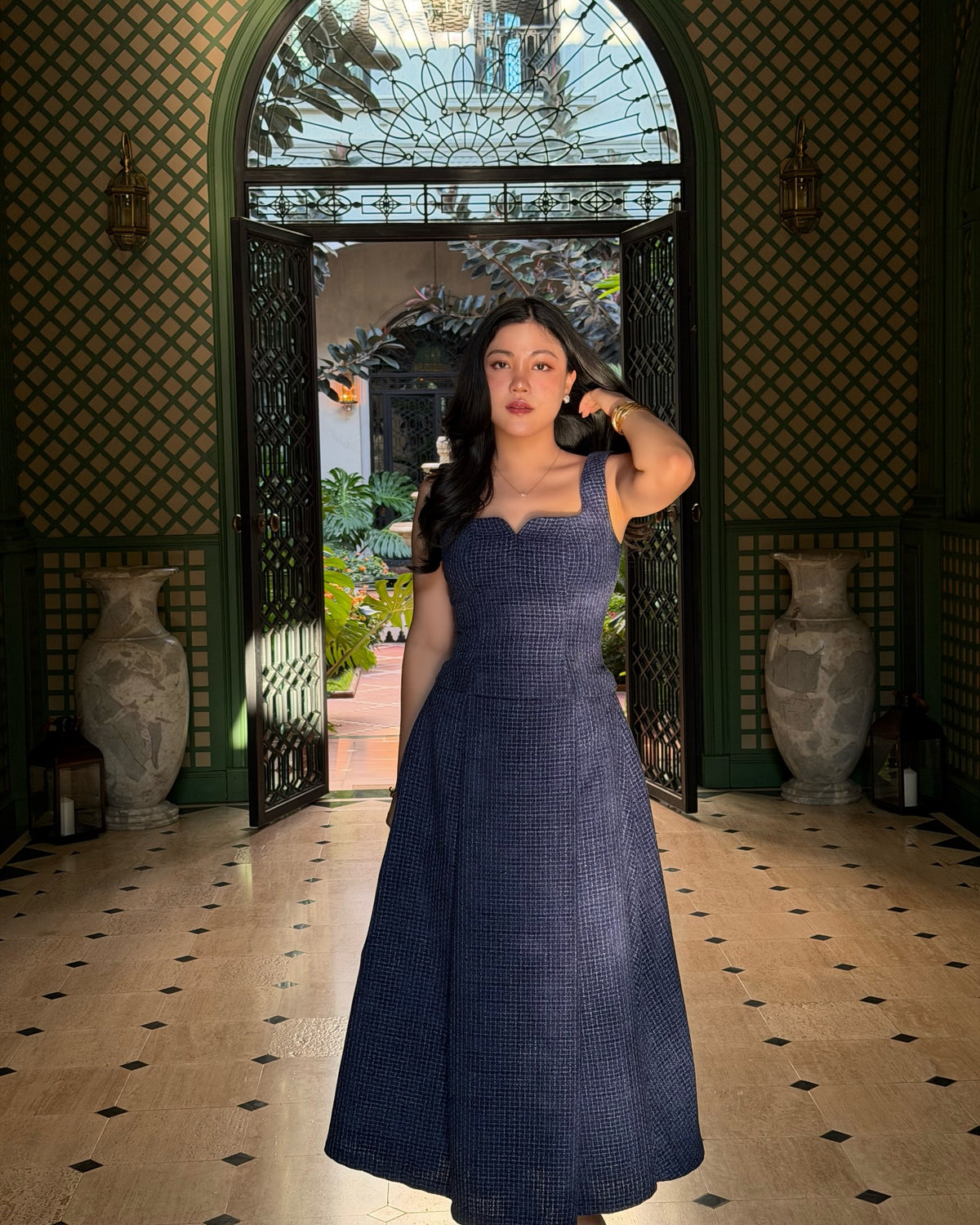 Delphine top paired with Delphine maxi skirt in navy.#rvdelphinetop #rvdelphinemaxiskirt