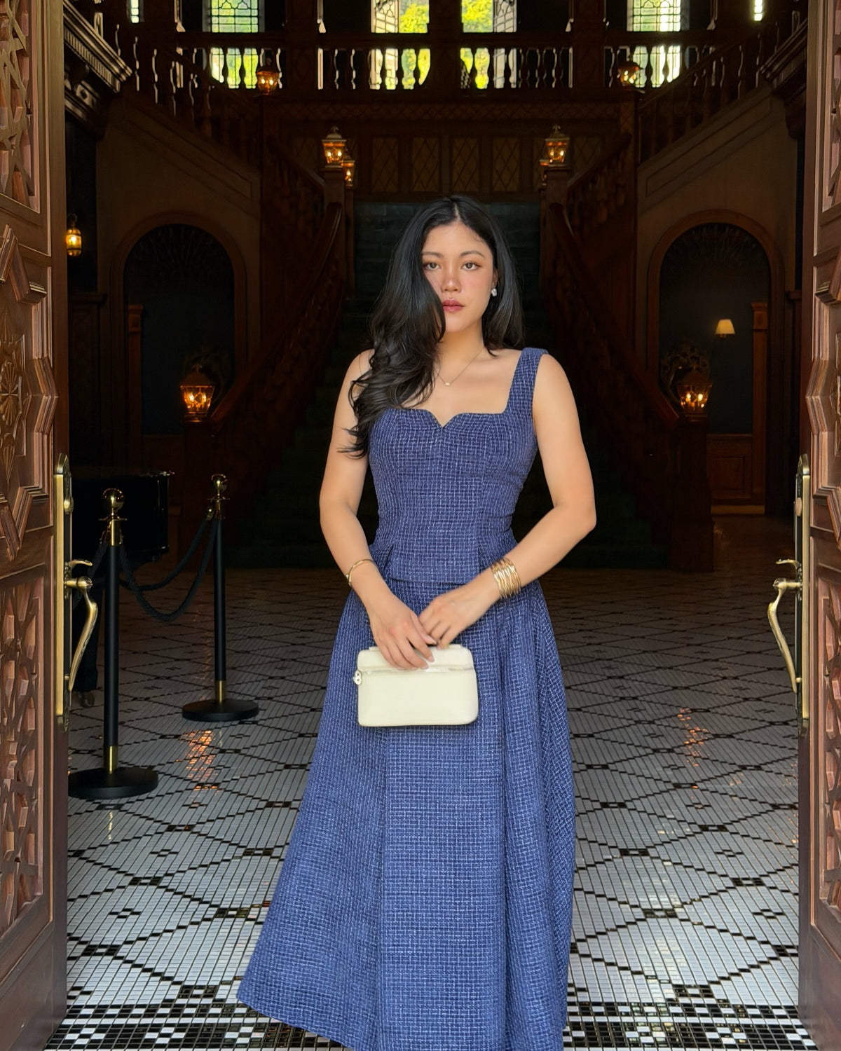 Delphine top paired with Delphine maxi skirt in navy.#rvdelphinetop #rvdelphinemaxiskirt