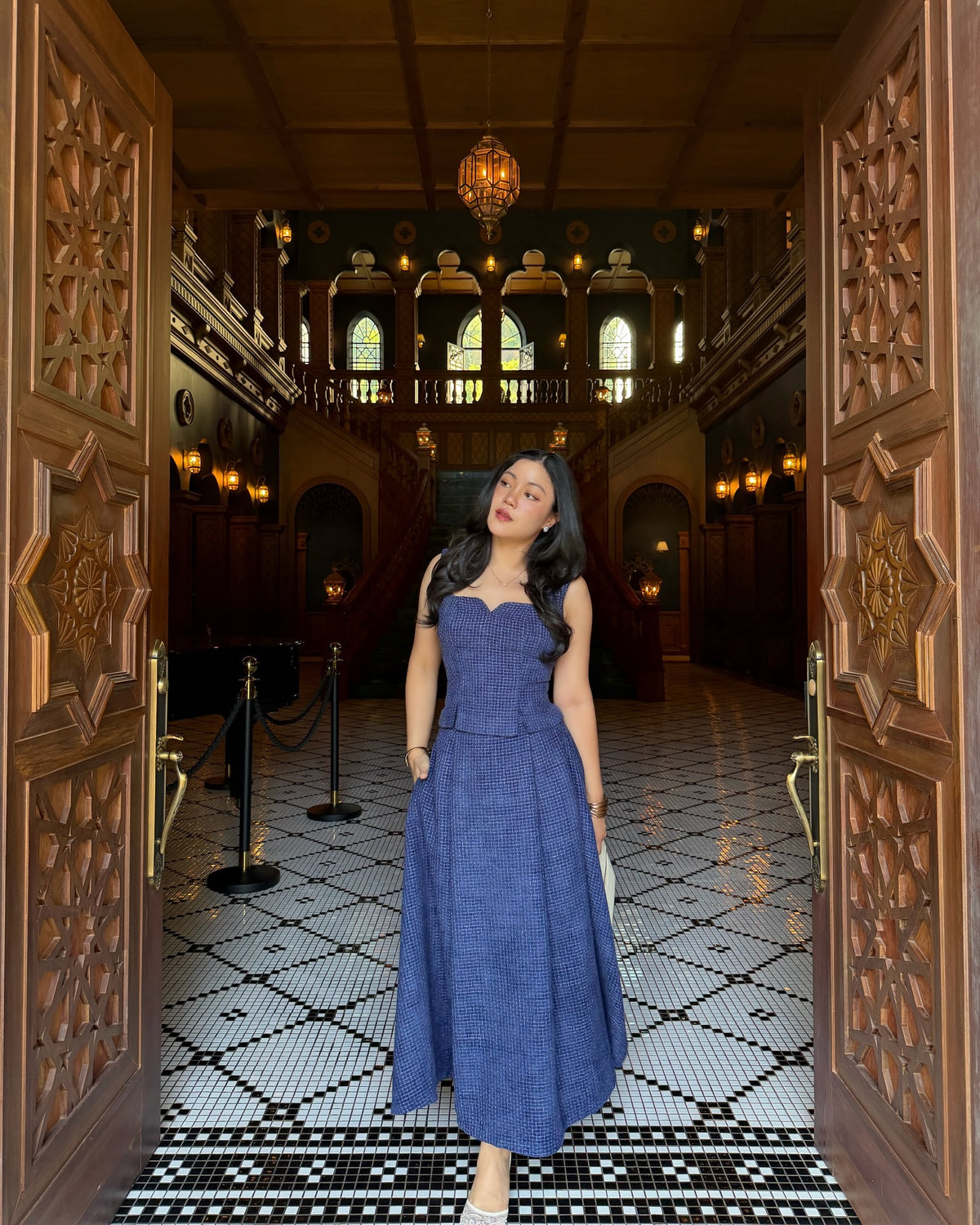 Delphine top paired with Delphine maxi skirt in navy.#rvdelphinetop #rvdelphinemaxiskirt