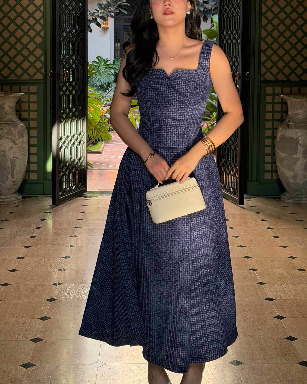 Delphine top paired with Delphine maxi skirt in navy.#rvdelphinetop #rvdelphinemaxiskirt