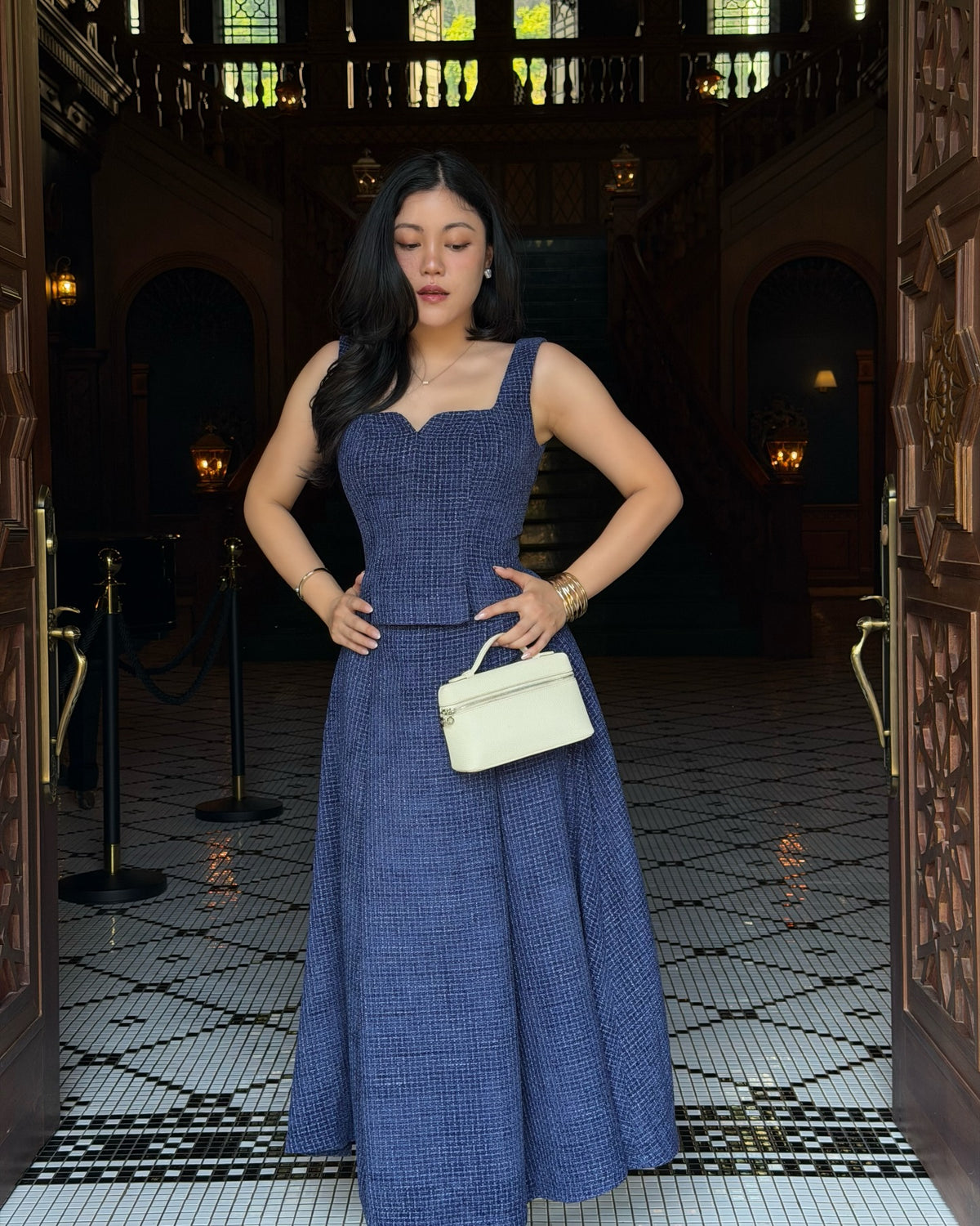 Delphine top paired with Delphine maxi skirt in navy.#rvdelphinetop #rvdelphinemaxiskirt