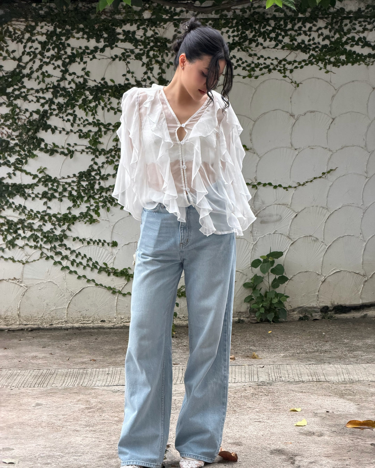 Pair Reverie Ruffle blouse in white with your favorite jeans to get casual effortless look 🤍#rvessentialsreverieruffl...
